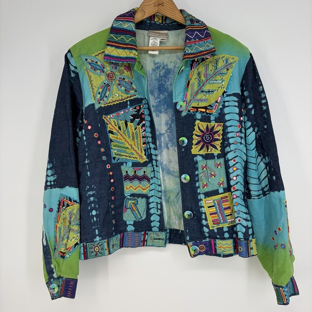 Vtg 90s y2k Patchwork Jacket M Colorful Embroidered Coldwater Creek Tie Dye Boho